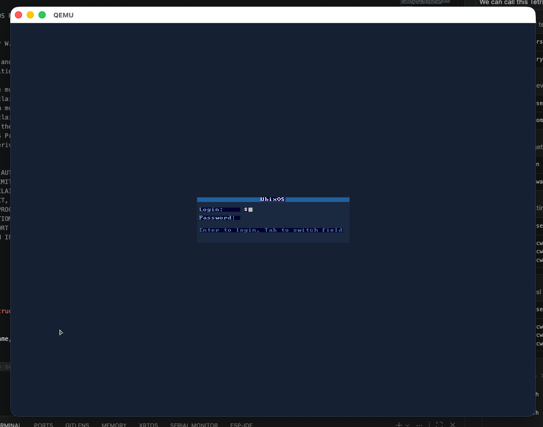 Views GUI login screen on uBixOS
