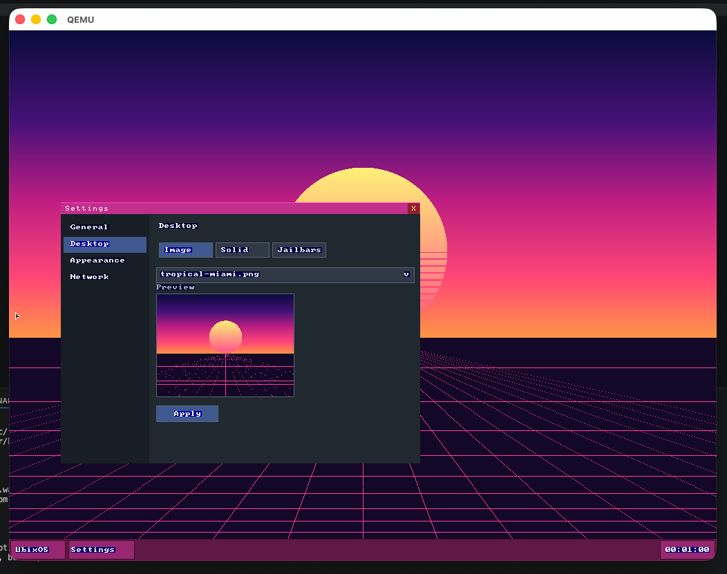 uBixOS Settings app Desktop pane with wallpaper picker and live preview